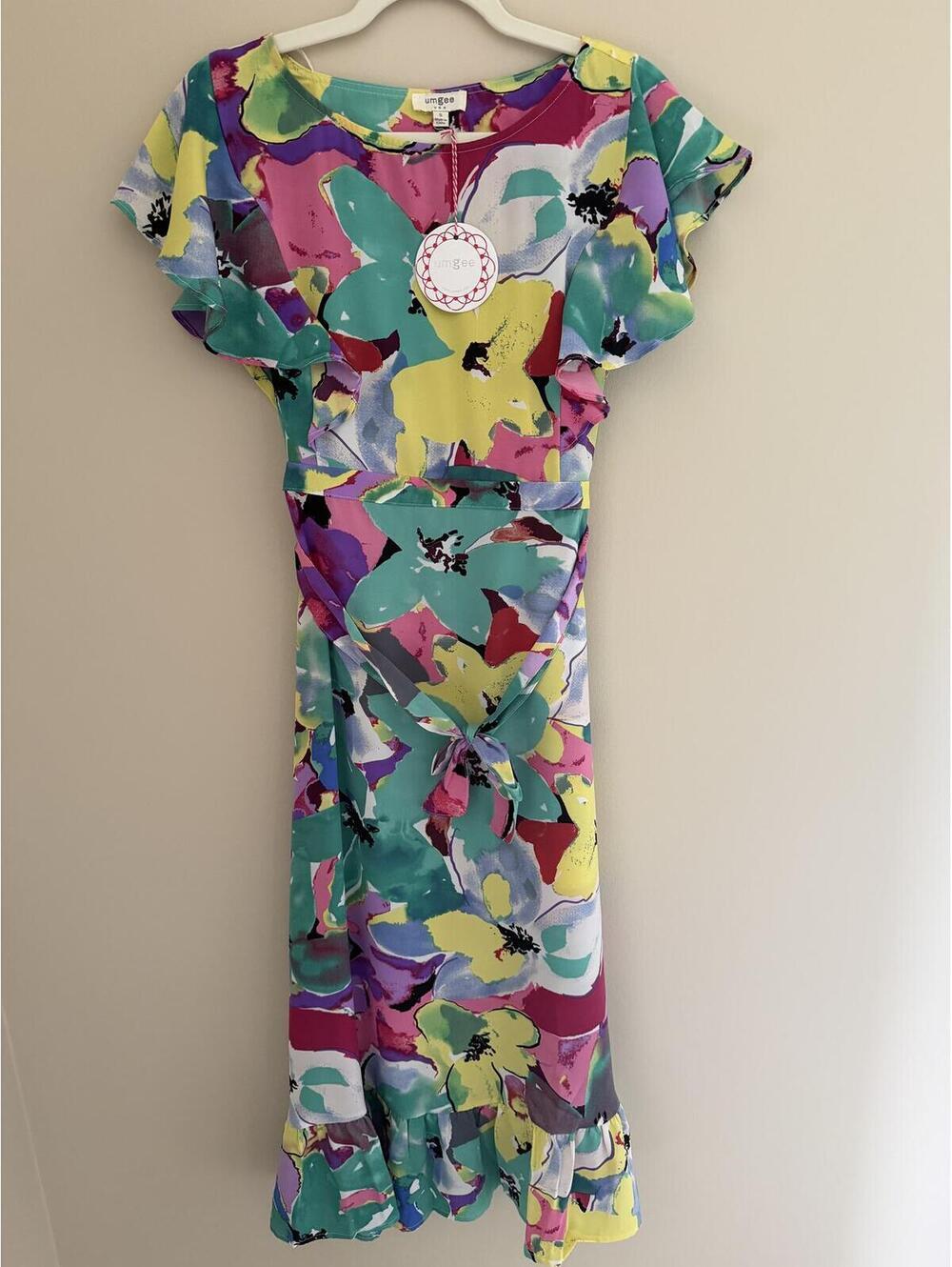 Umgee S backless abstract midi dress w/ belt, ruffles